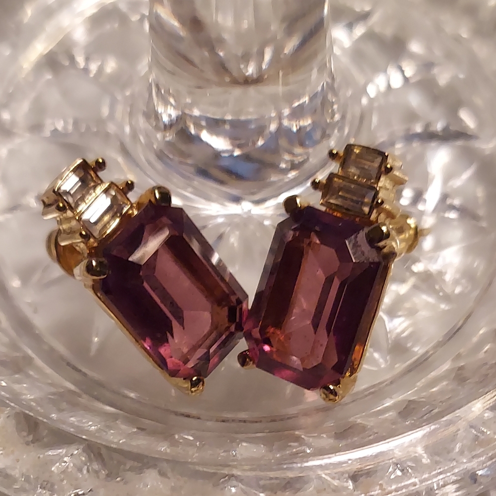 Christian Dior 1980s Amethyst Crystal Gold Post Pierced Earrings LIKE NEW RARE!